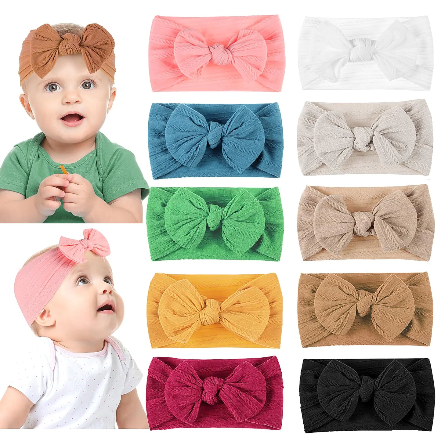 10 Pack Baby Nylon Headbands Baby Girls Bow Headbands Handmade Headband with Bows Soft Elastic Hairbands for Baby Newborn Toddlers Girls
