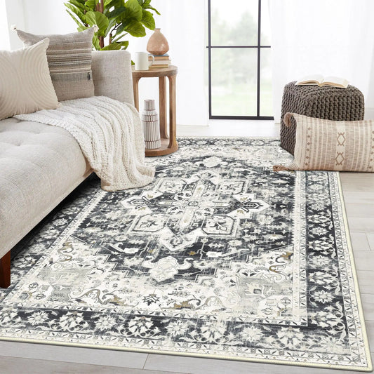 Topotdor Washable Rugs 5x7 Vintage Area Rugs Non-Slip Area Rugs Low Pile Floor Carpet Printed Soft Durable Stain Resistant Foldable Rugs Living Room Dining Room BedroomBeige